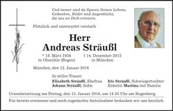 Traueranzeige Andreas Sträußl