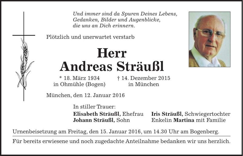 Traueranzeige Andreas Sträußl