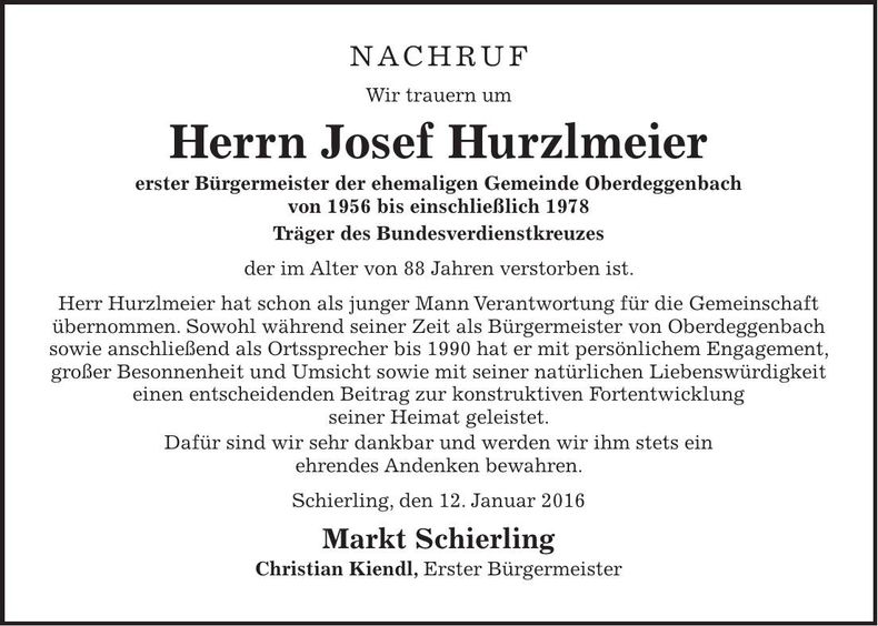 Traueranzeige Josef Hurzlmeier