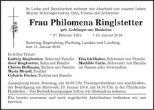 Traueranzeige Philomena Ringlstetter