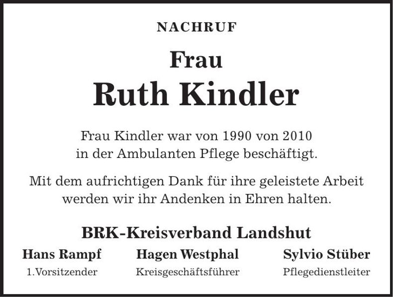 Traueranzeige Ruth Kindler