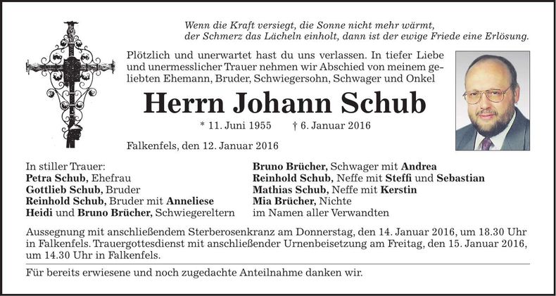 Traueranzeige Johann Schub