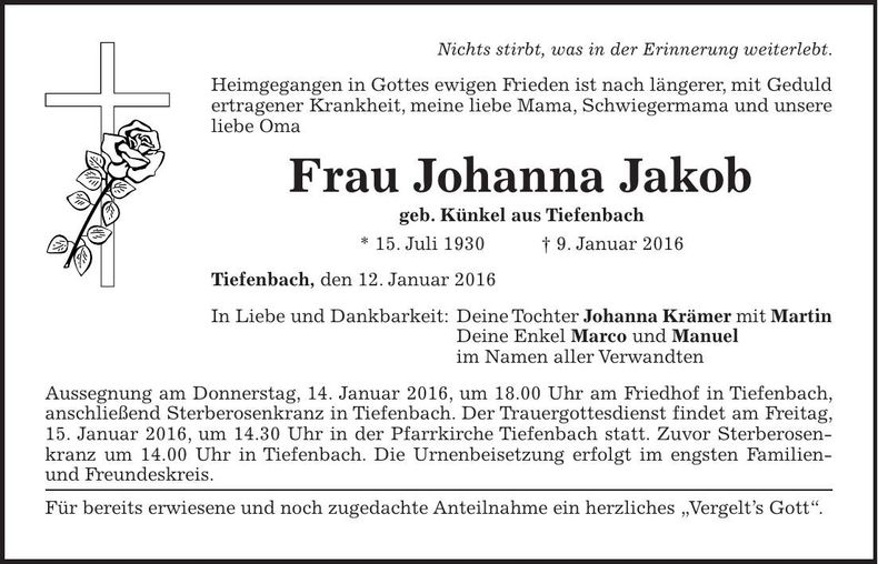 Traueranzeige Johanna Jakob