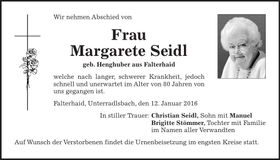 Traueranzeige Margarete Seidl