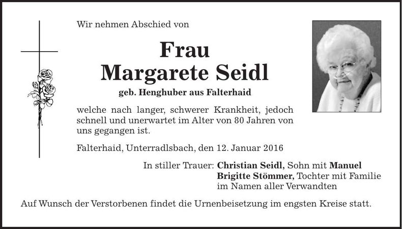 Traueranzeige Margarete Seidl