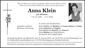 Traueranzeige Anna Klein