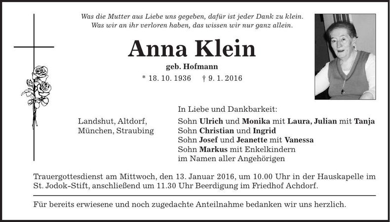 Traueranzeige Anna Klein