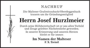 Traueranzeige Josef Hurzlmeier