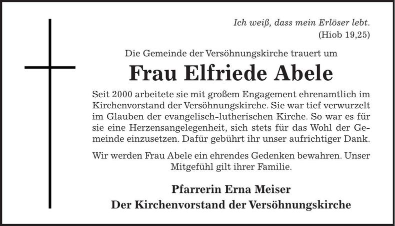 Traueranzeige Elfriede Abele