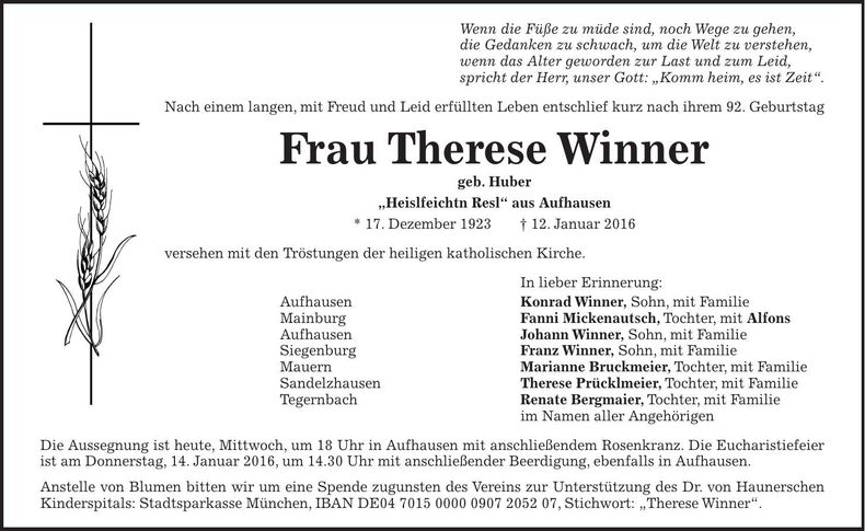 Traueranzeige Therese Winner