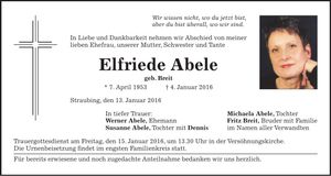 Traueranzeige Elfriede Abele