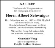 Traueranzeige Albert Schwaiger