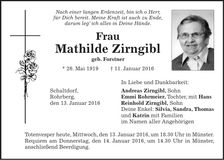 Traueranzeige Mathilde Zirngibl