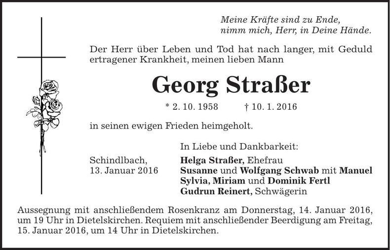 Traueranzeige Georg Straßer