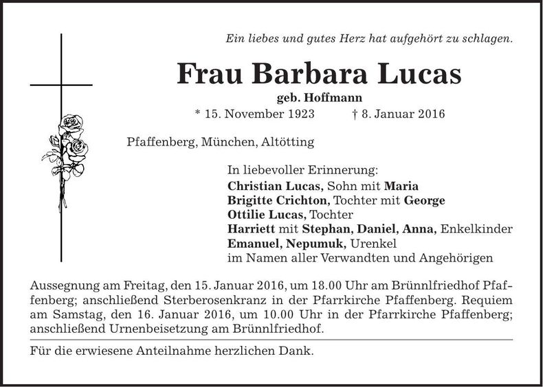Traueranzeige Barbara Lucas