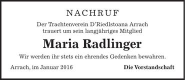 Traueranzeige Maria Radlinger
