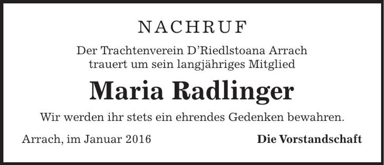Traueranzeige Maria Radlinger