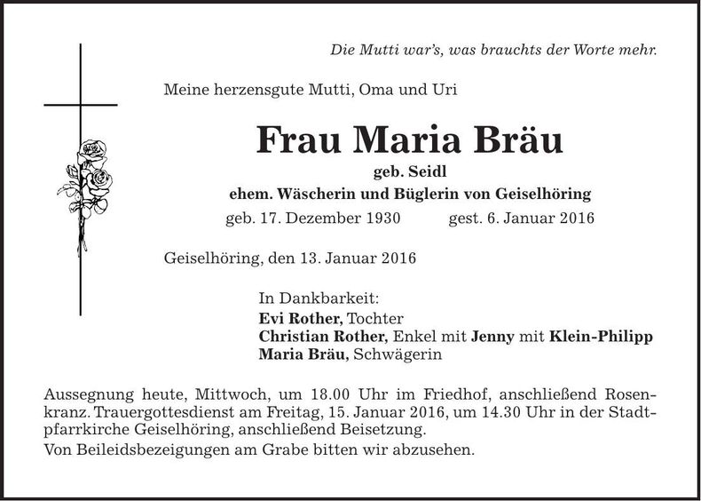 Traueranzeige Maria Bräu