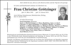 Traueranzeige Christine Grötzinger