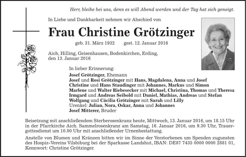Traueranzeige Christine Grötzinger