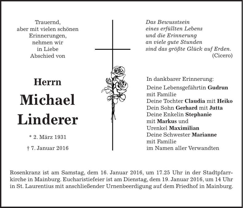 Traueranzeige Michael Linderer