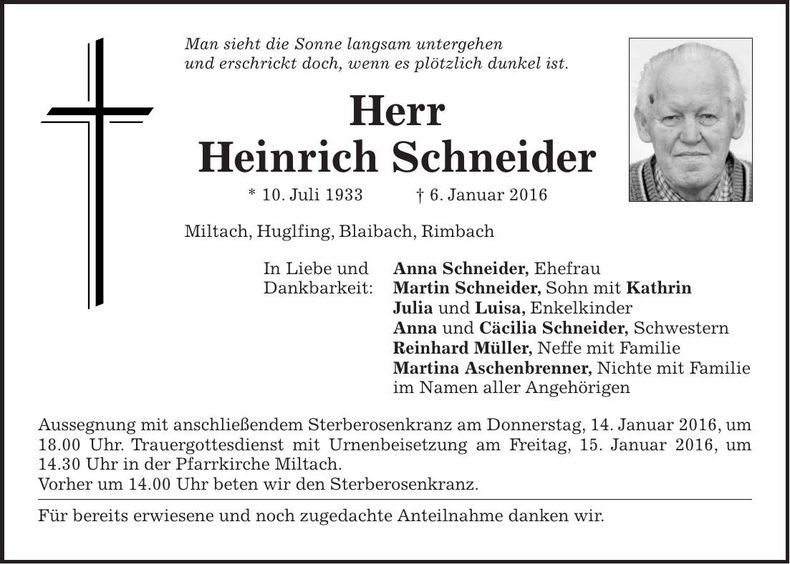 Traueranzeige Heinrich Schneider