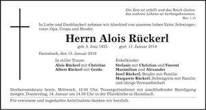 Traueranzeige Alois Rückerl
