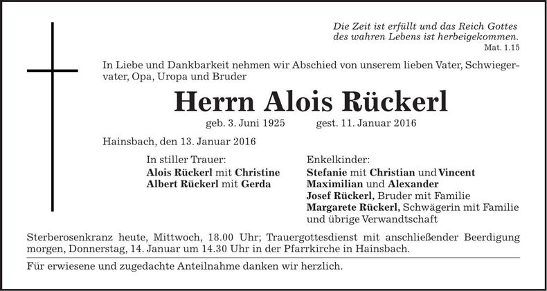 Traueranzeige Alois Rückerl