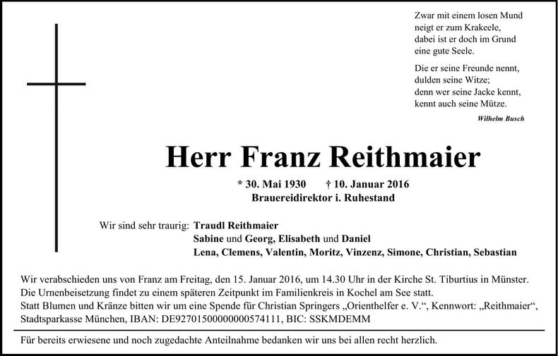 Traueranzeige Franz Reithmaier