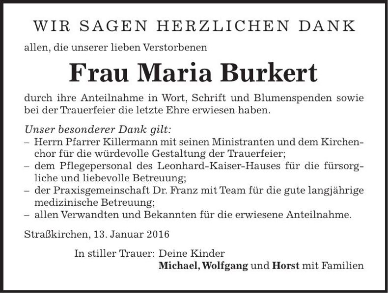 Traueranzeige Maria Burkert