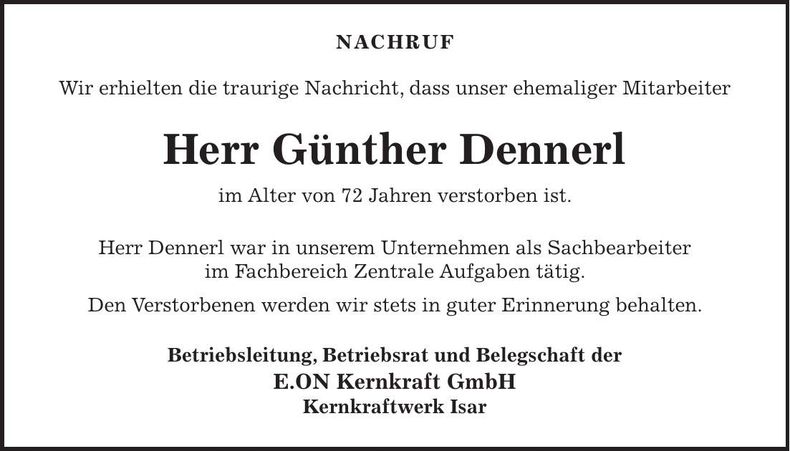 Traueranzeige Günther Dennerl