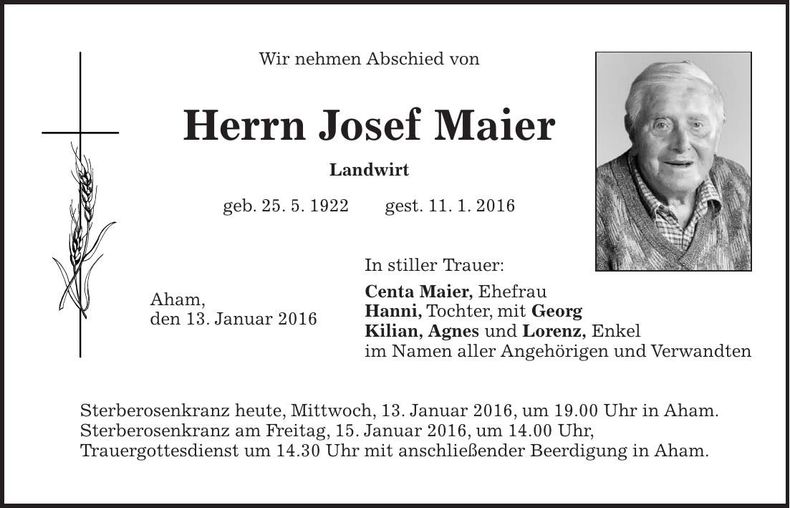Traueranzeige Josef Maier
