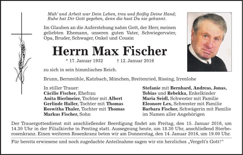 Traueranzeige Max Fischer