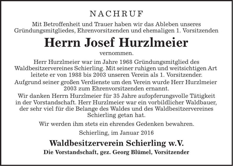 Traueranzeige Josef Hurzlmeier