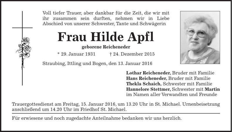 Traueranzeige Hilde Apfl