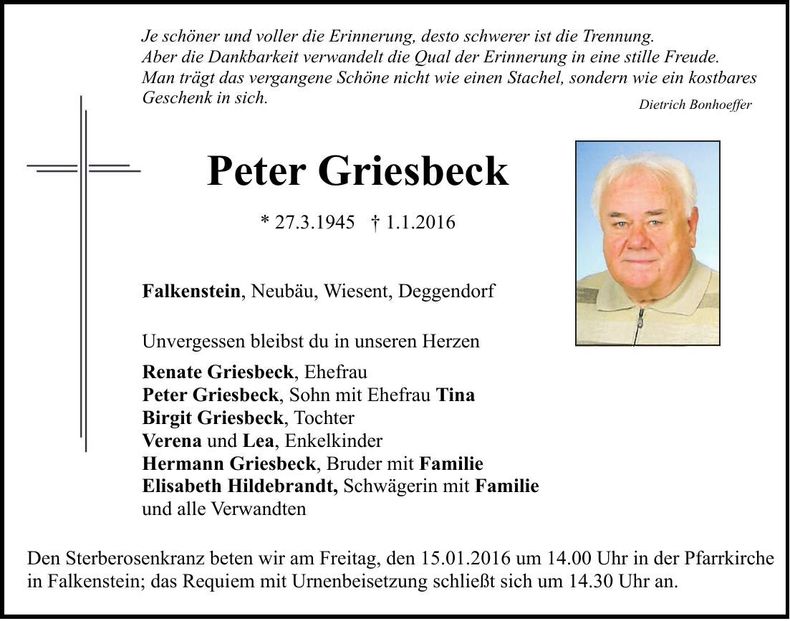 Traueranzeige Peter Griesbeck