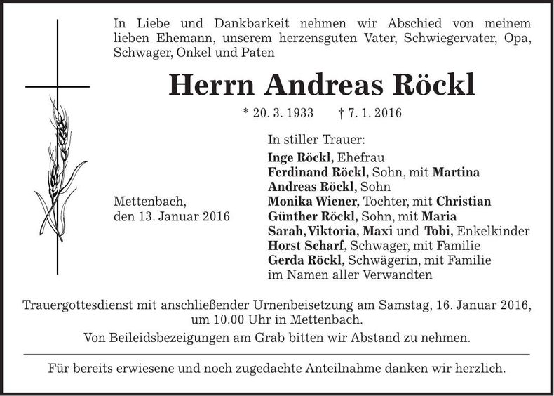 Traueranzeige Andreas Röckl