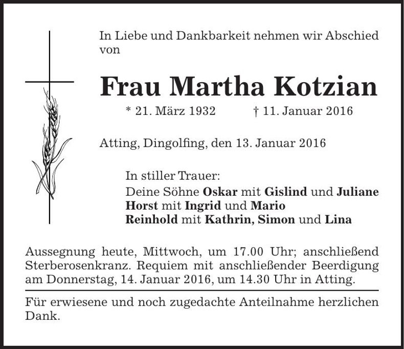 Traueranzeige Martha Kotzian