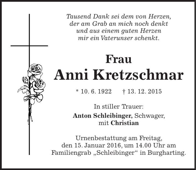 Traueranzeige Anni Kretzschmar