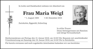 Traueranzeige Maria Weigl
