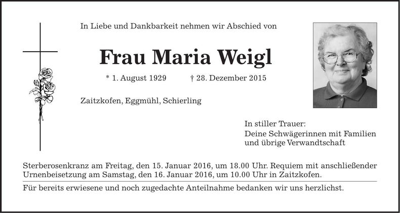 Traueranzeige Maria Weigl