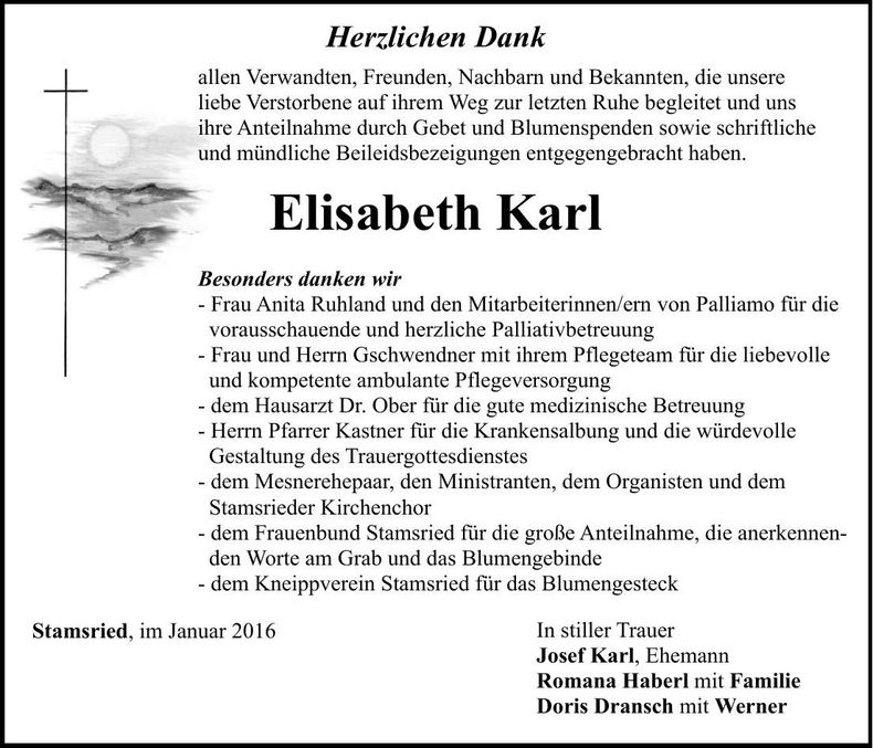 Traueranzeige Elisabeth Karl