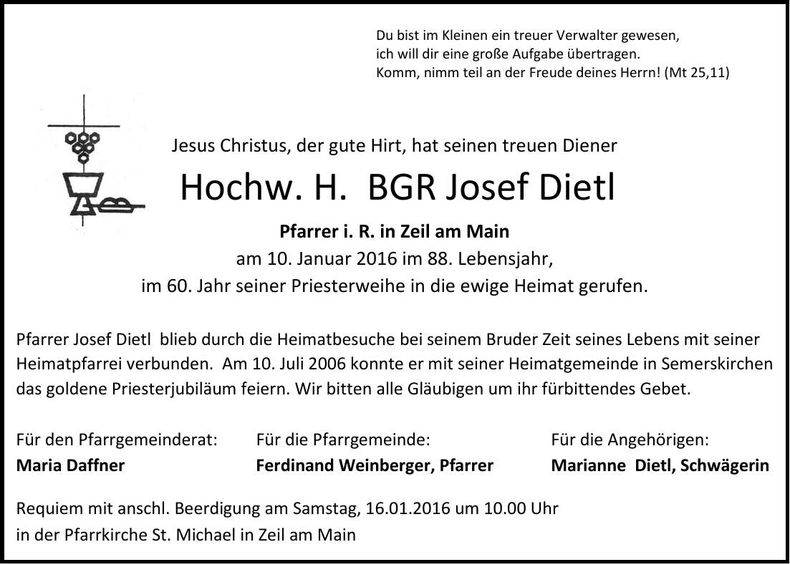 Traueranzeige Josef H. GBR  Dietl