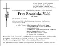 Traueranzeige Franziska Mohl