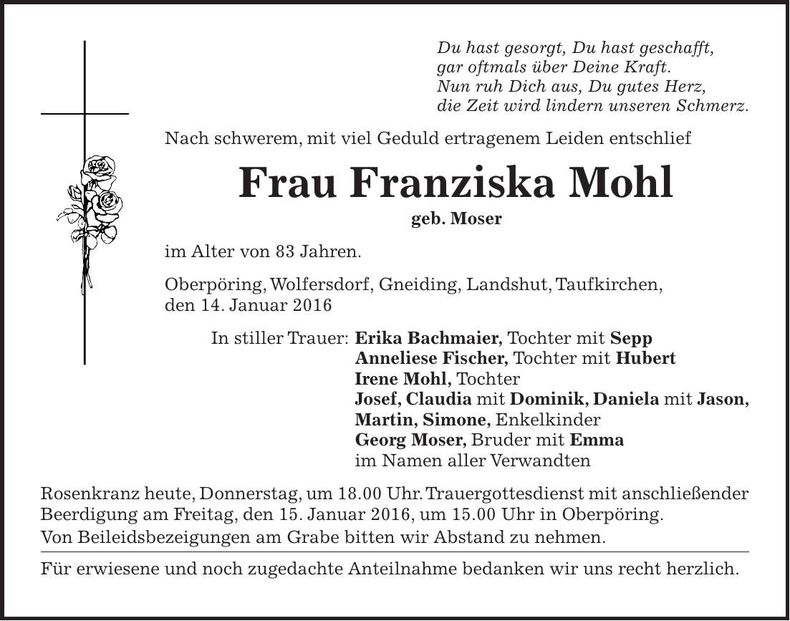 Traueranzeige Franziska Mohl