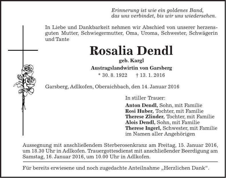 Traueranzeige Rosalia Dendl