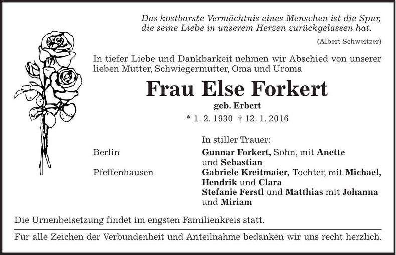 Traueranzeige Else Forkert
