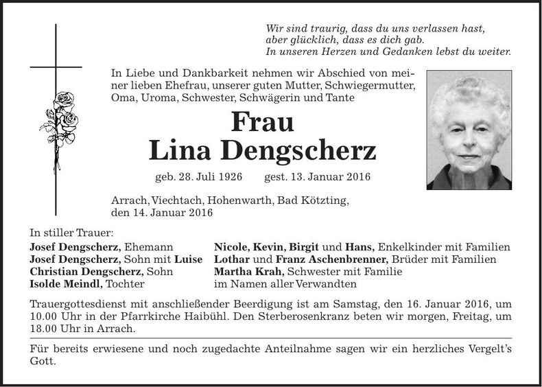 Traueranzeige Lina Dengscherz