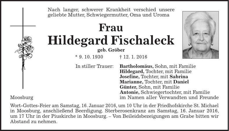 Traueranzeige Hildegard Fischaleck