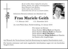 Traueranzeige Mariele Geith